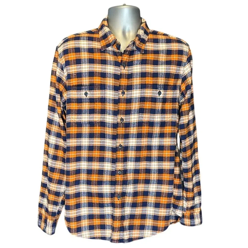 J. Crew Flannel Classic Fit Button Down Blue and Orange Plaid Size L